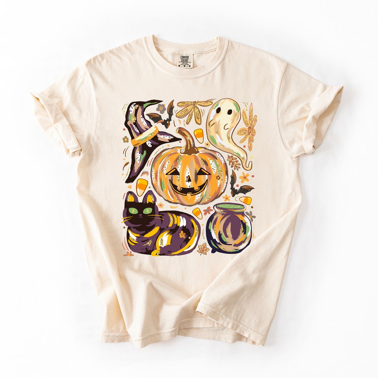 Cream Cute Halloween Painted, Pumpkin, Black Cat, Ghost, Witch, Comfort Colors T-Shirt