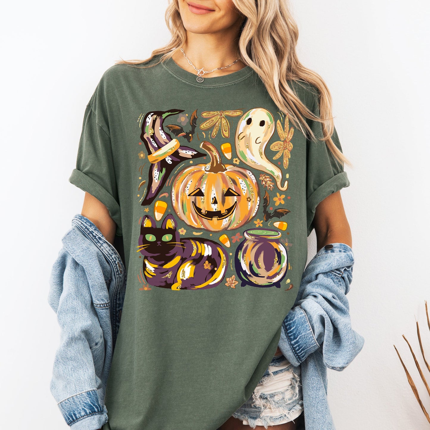 Green Cute Halloween Painted, Pumpkin, Black Cat, Ghost, Witch, Comfort Colors T-Shirt