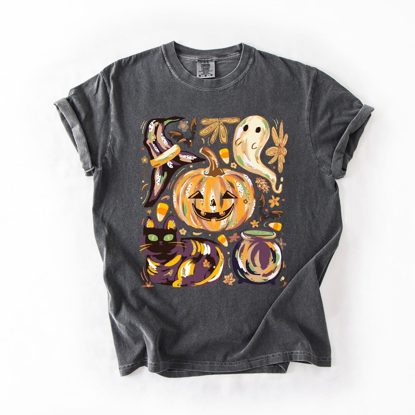 Dark gray Cute Halloween Painted, Pumpkin, Black Cat, Ghost, Witch, Comfort Colors T-Shirt
