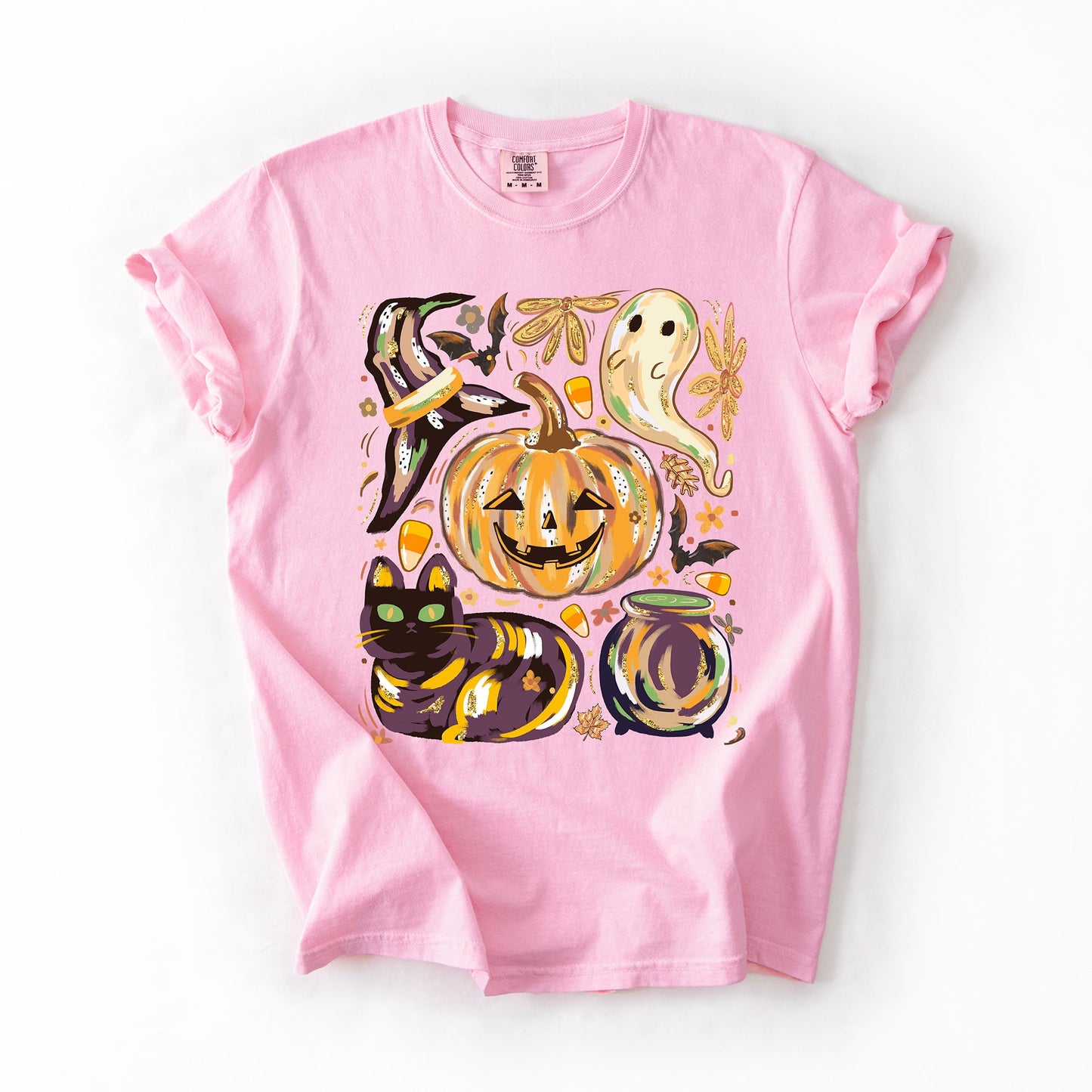 Soft pink Cute Halloween Painted, Pumpkin, Black Cat, Ghost, Witch, Comfort Colors T-Shirt