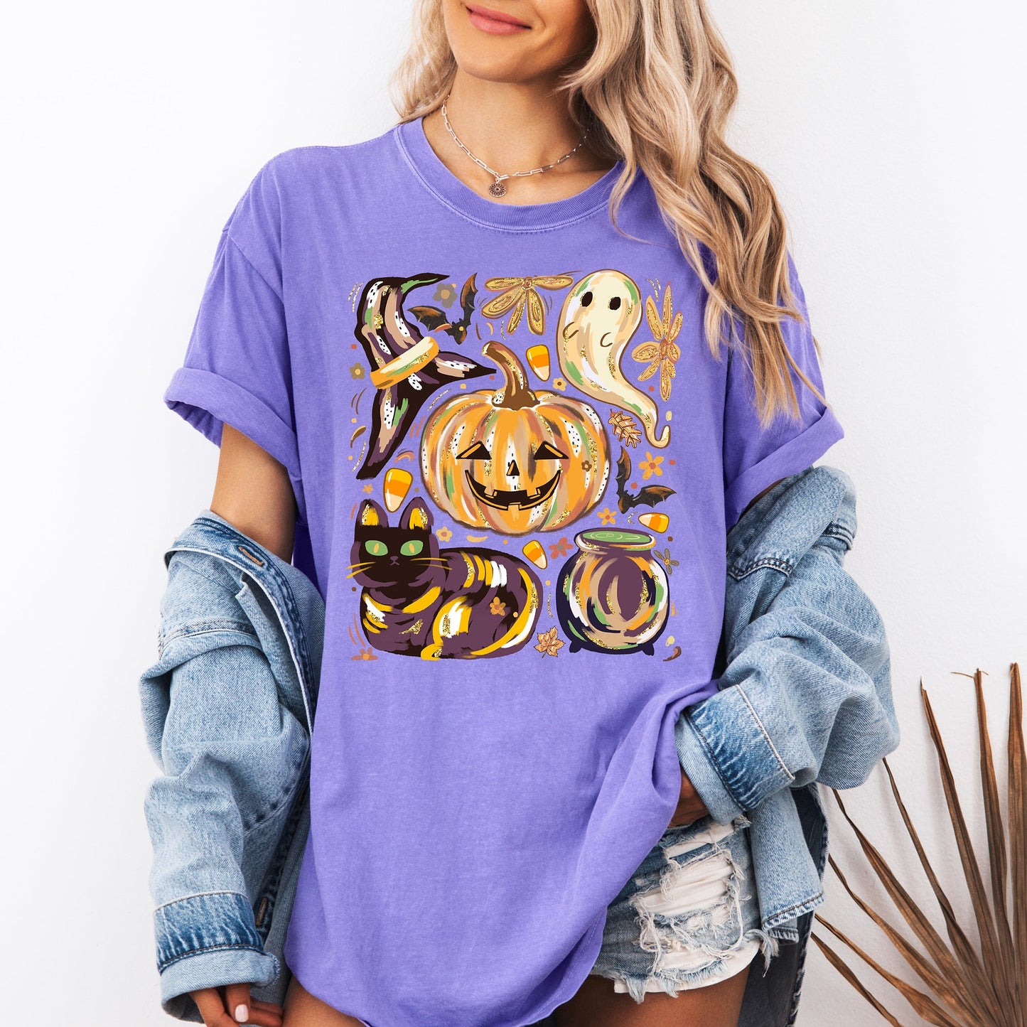 Purple Cute Halloween Painted, Pumpkin, Black Cat, Ghost, Witch, Comfort Colors T-Shirt