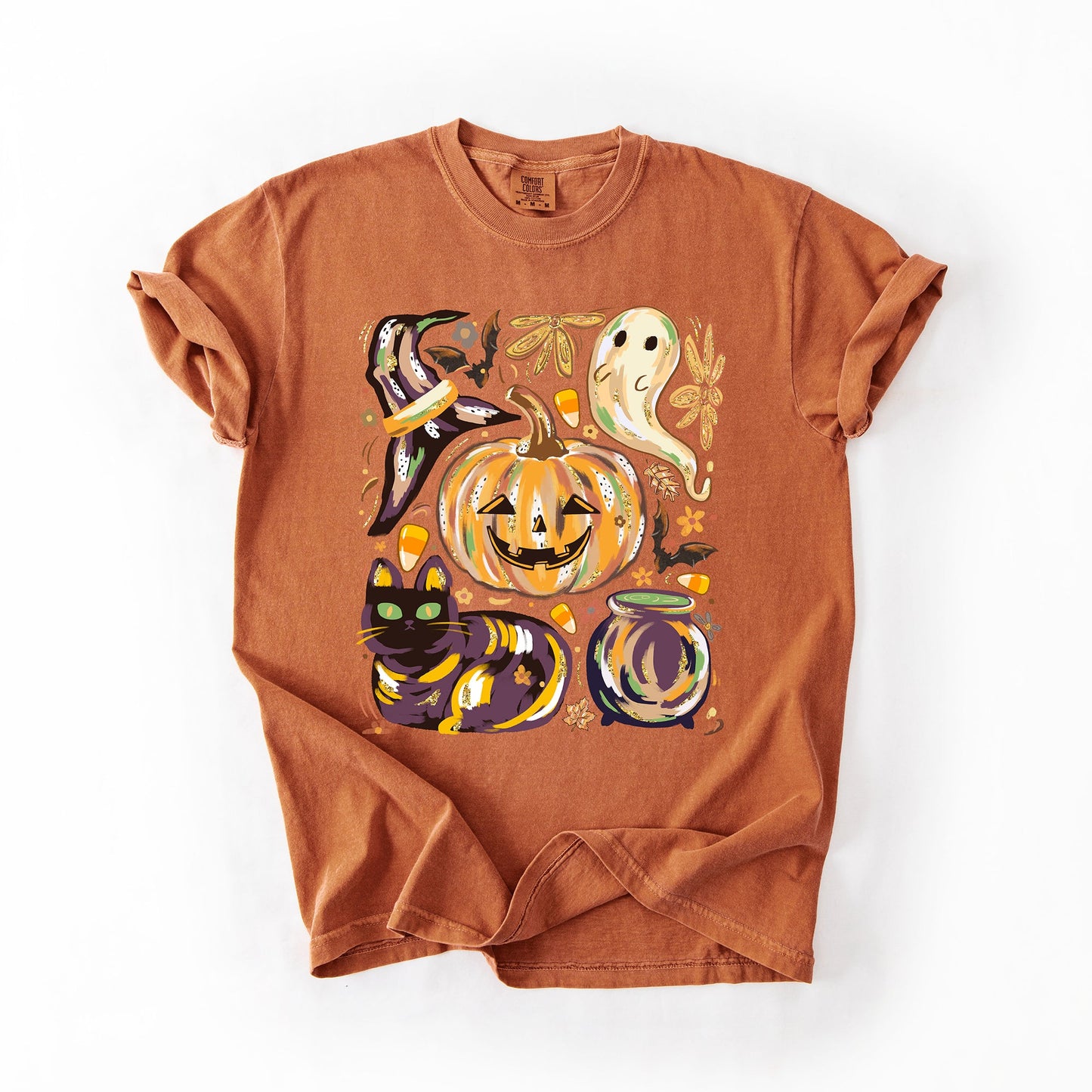 Cute Halloween Painted, Pumpkin, Black Cat, Ghost, Witch, Comfort Colors T-Shirt