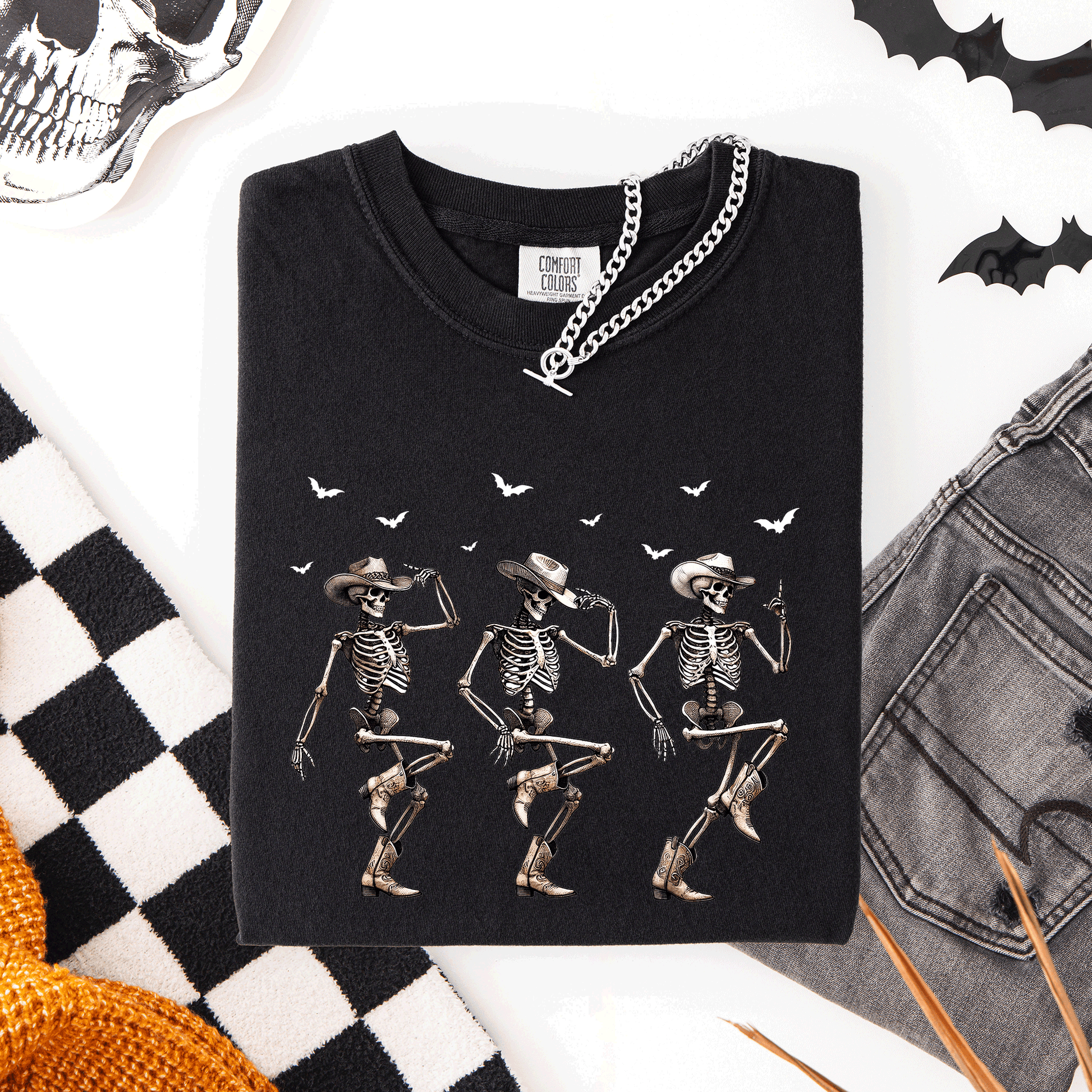 Black Dancing Cowboy Skeletons, Halloween Bats, Comfort Colors T-Shirt