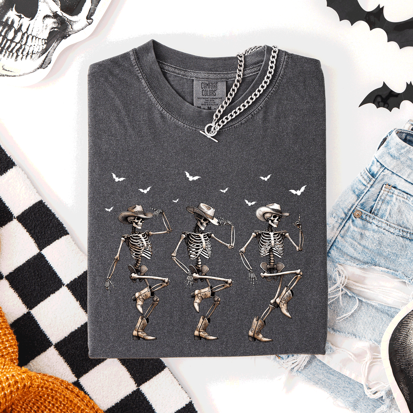 Pepper gray Dancing Cowboy Skeletons, Halloween Bats, Comfort Colors T-Shirt