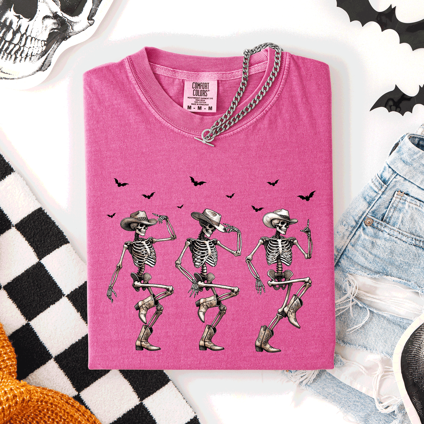 Pink Dancing Cowboy Skeletons, Halloween Bats, Comfort Colors T-Shirt
