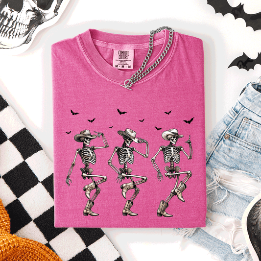 Pink Dancing Cowboy Skeletons, Halloween Bats, Comfort Colors T-Shirt