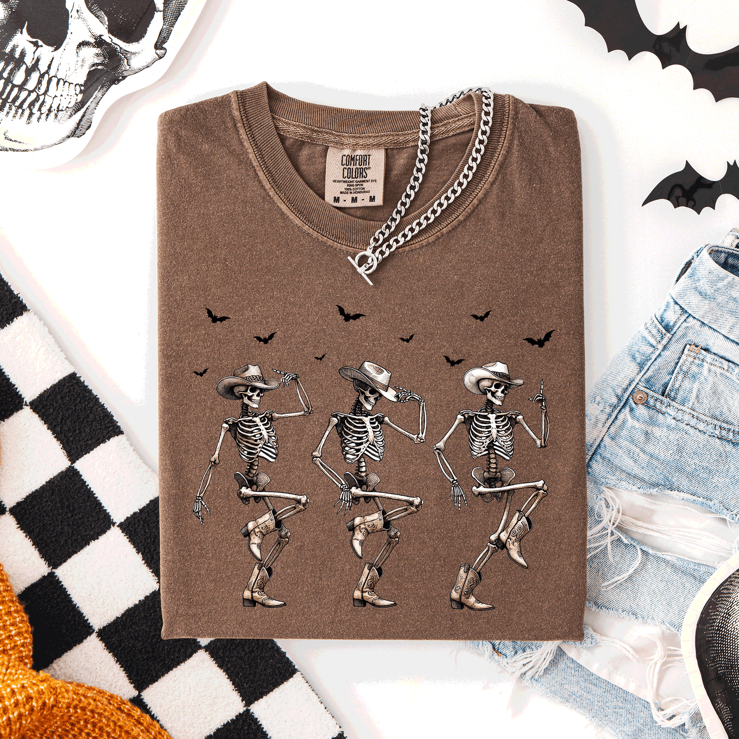 Brown Dancing Cowboy Skeletons, Halloween Bats, Comfort Colors T-Shirt