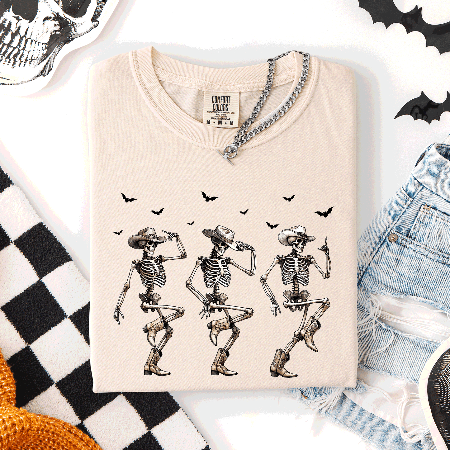Cream Dancing Cowboy Skeletons, Halloween Bats, Comfort Colors T-Shirt