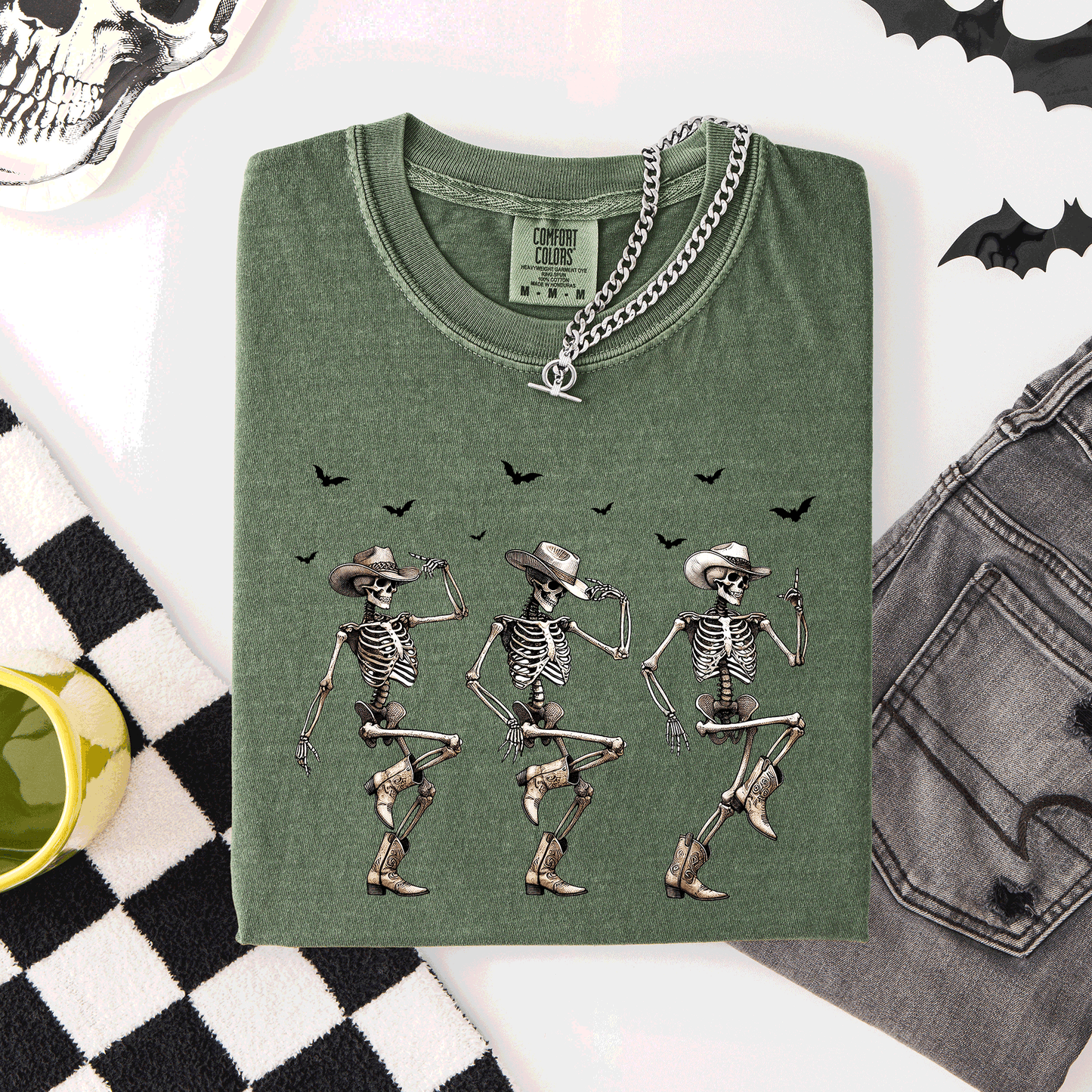 Moss green Dancing Cowboy Skeletons, Halloween Bats, Comfort Colors T-Shirt