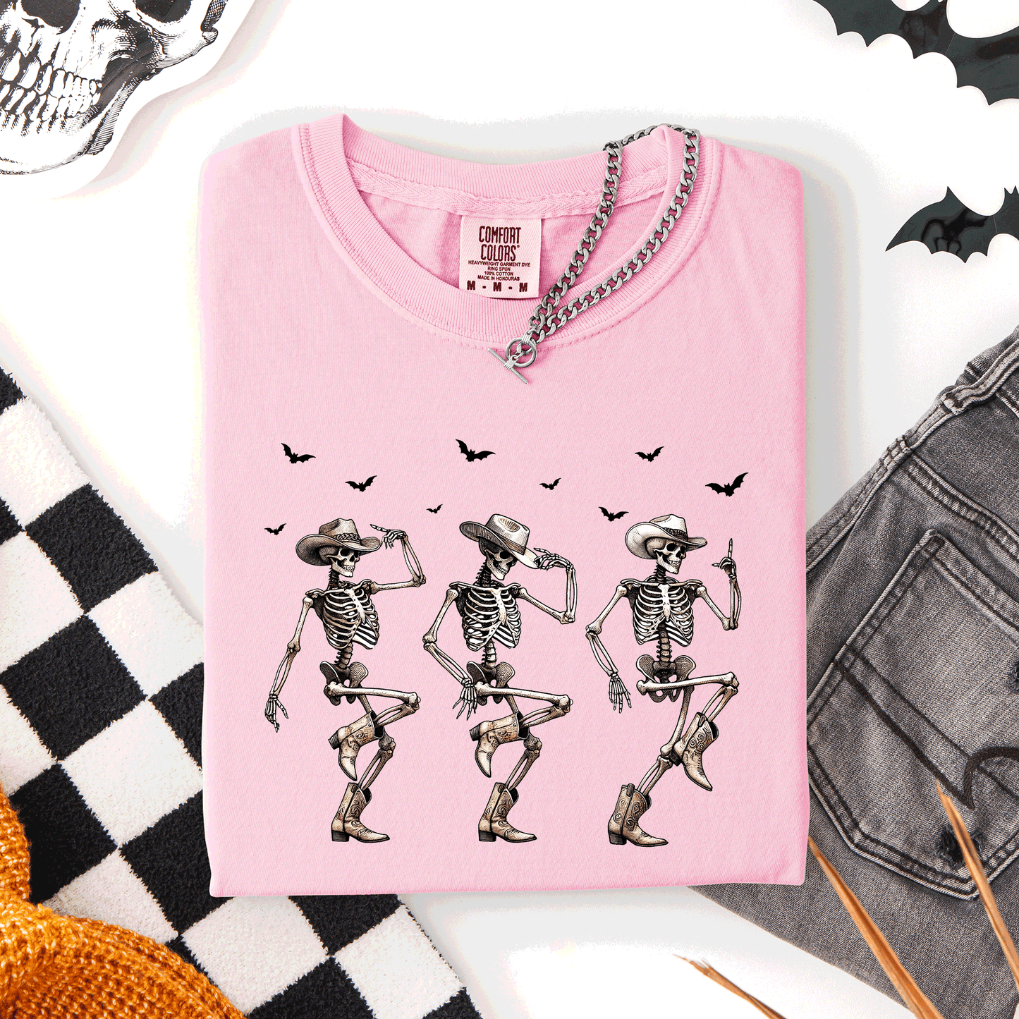 Light Pink Dancing Cowboy Skeletons, Halloween Bats, Comfort Colors T-Shirt