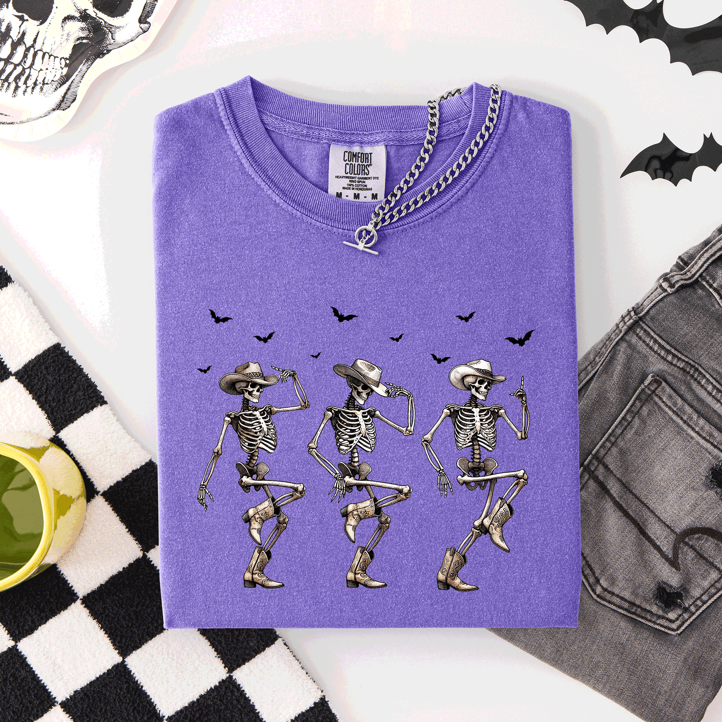 Violet Purple Dancing Cowboy Skeletons, Halloween Bats, Comfort Colors T-Shirt