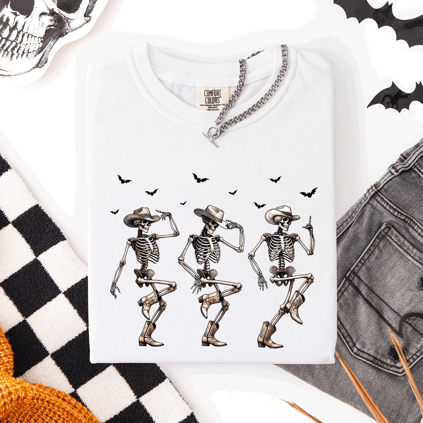 White Dancing Cowboy Skeletons, Halloween Bats, Comfort Colors T-Shirt