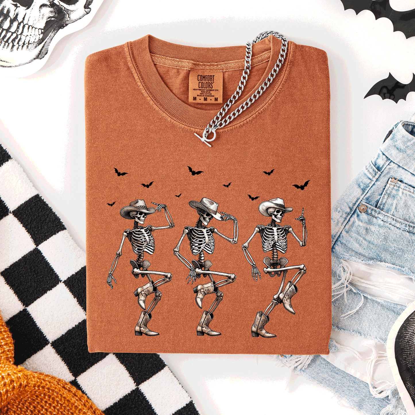 Yam orange Dancing Cowboy Skeletons, Halloween Bats, Comfort Colors T-Shirt