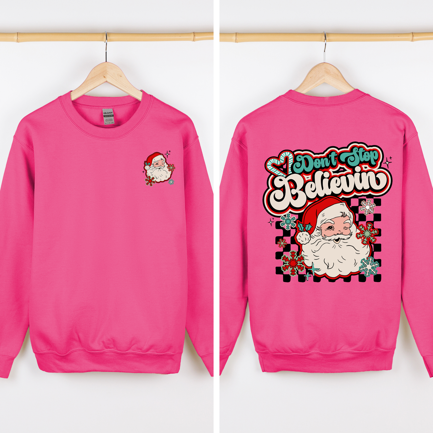 Don't Stop Believin, Santa, Retro, Checkered, Christmas, Front and Back Sweatshirt