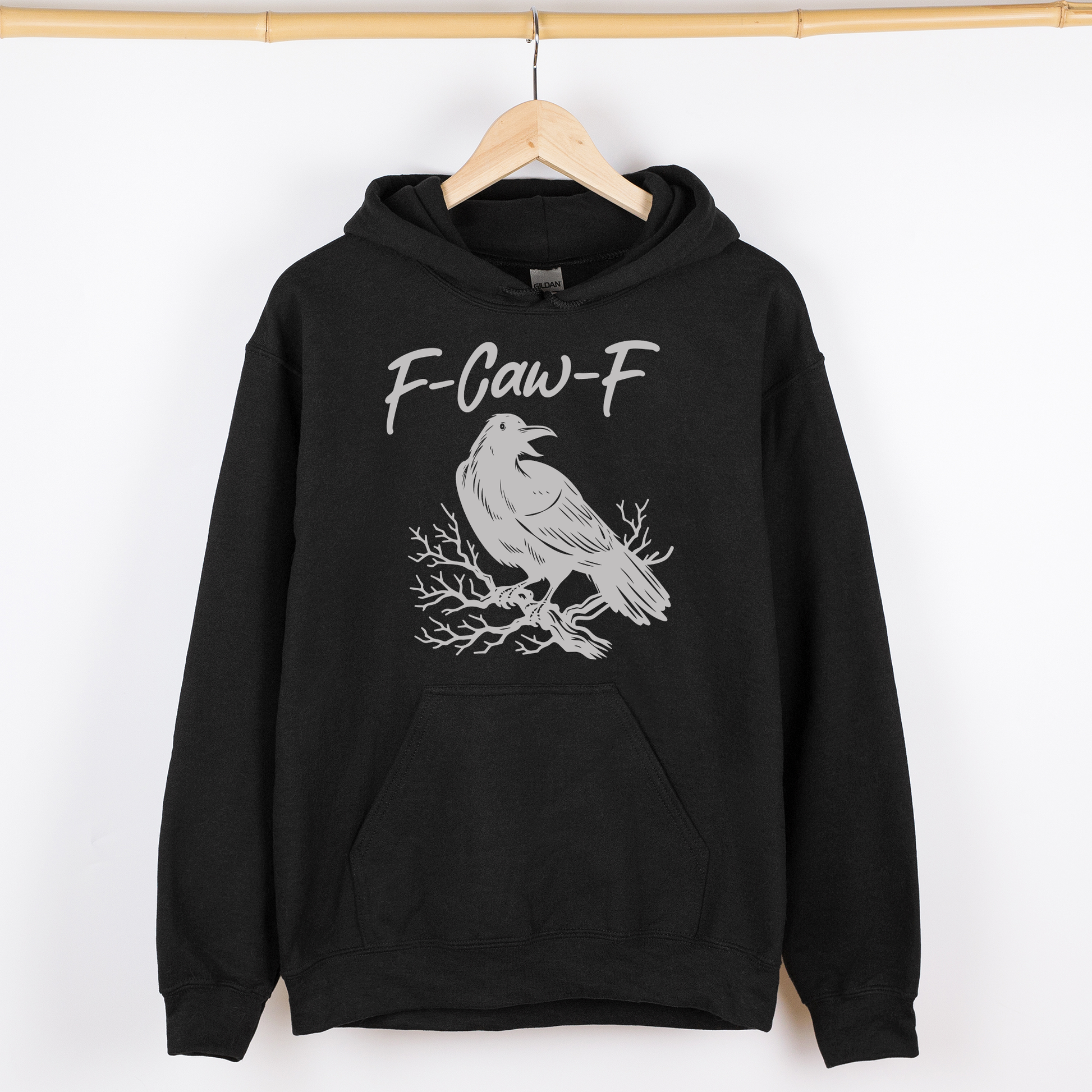 F Caw F, Raven, Crow, Funny, Trending, Vulgar, Crude, Halloween, Goth, Witch, Spooky, Graphic Hoodie, Hooded Sweatshirt