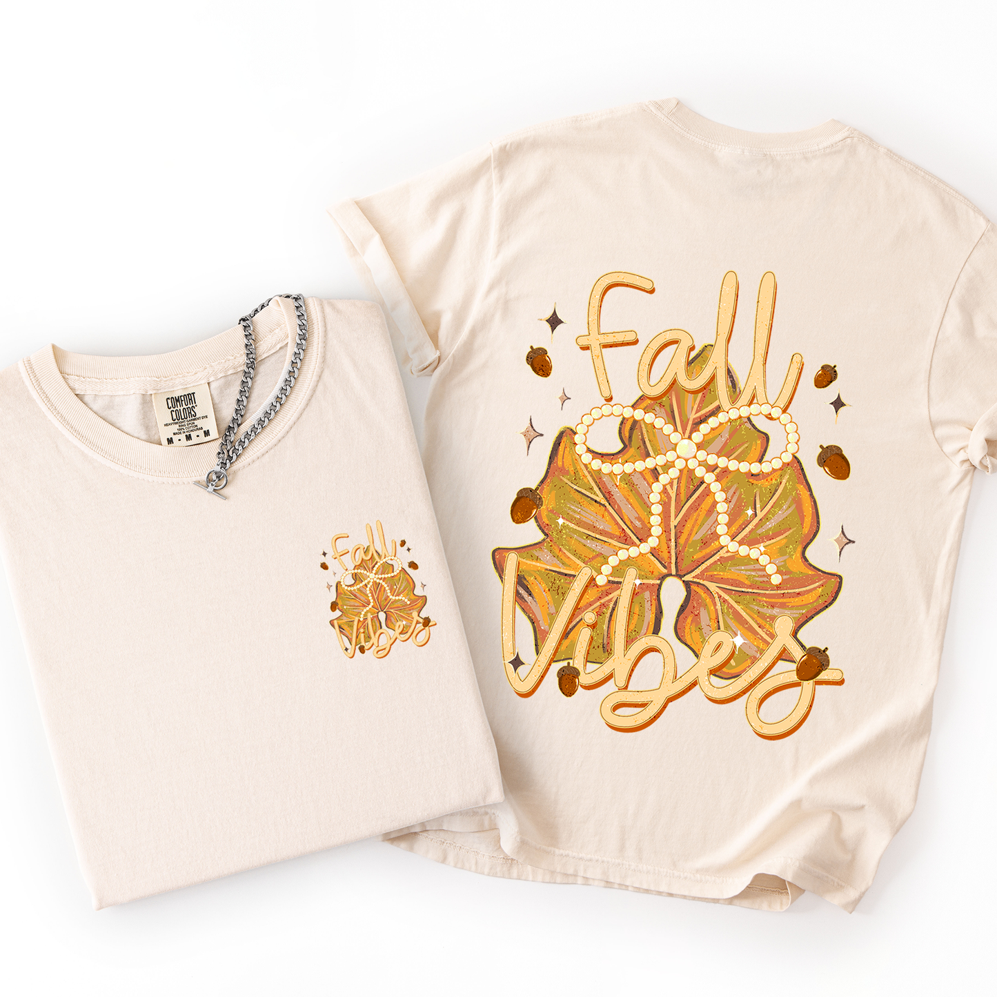 Ivory cream and orange Fall Vibes, Coquette, Front and Back, Leaves, Autumn, Comfort Colors T-Shirt