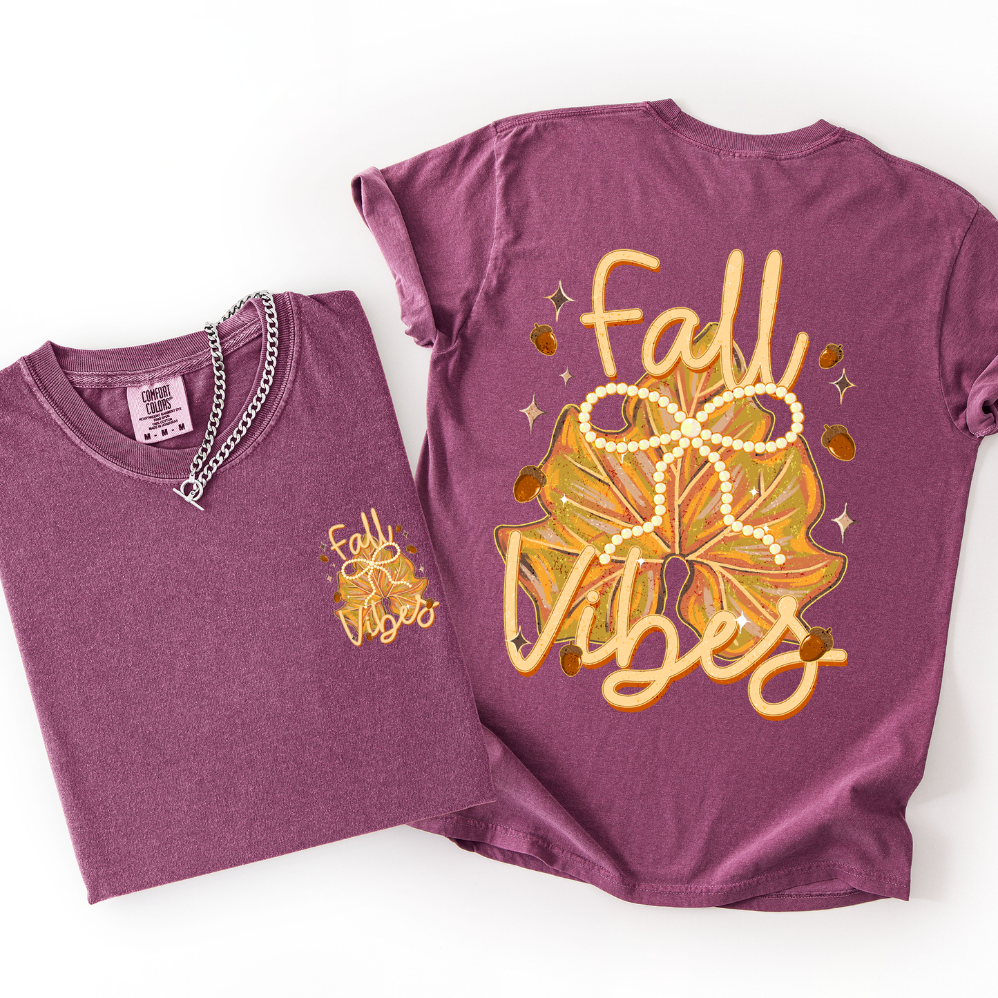Berry Pink Fall Vibes, Coquette, Front and Back, Leaves, Autumn, Comfort Colors T-Shirt