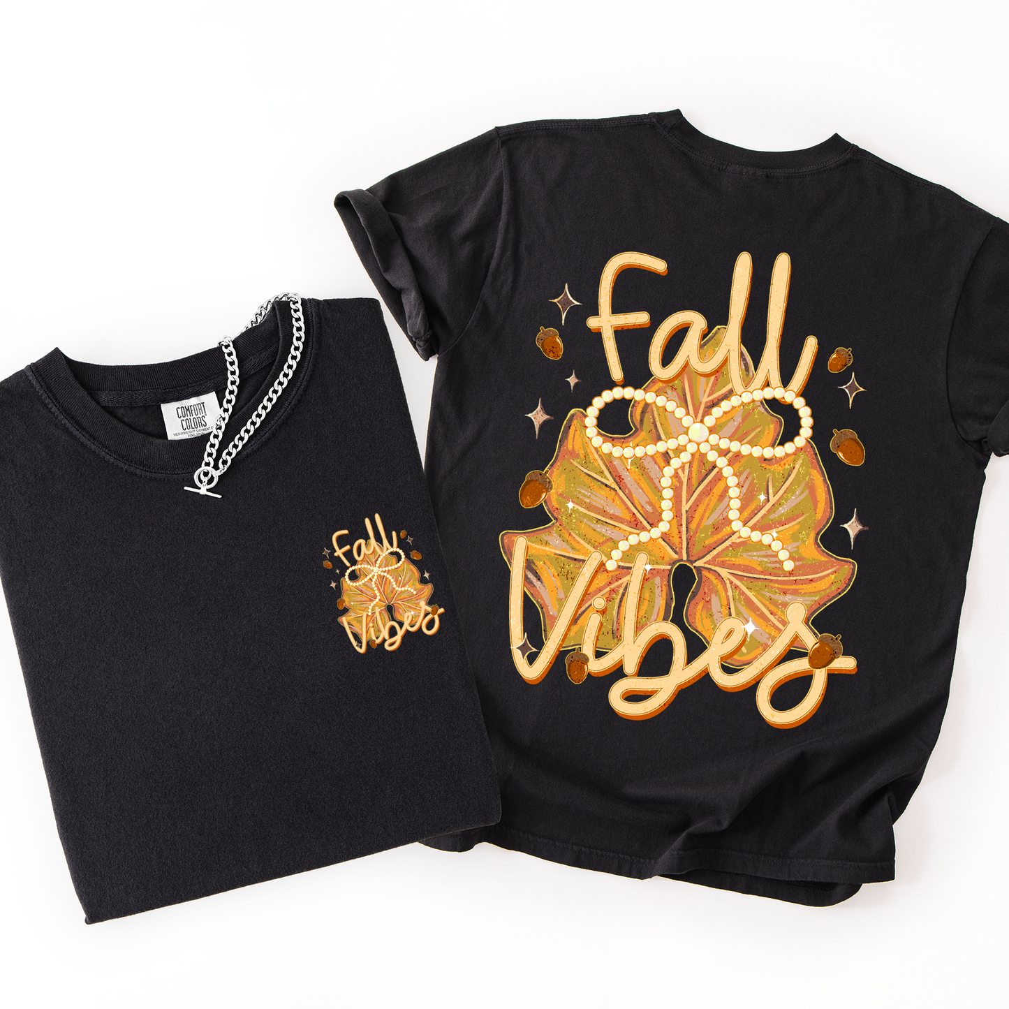 Orange and Black Fall Vibes, Coquette, Front and Back, Leaves, Autumn, Comfort Colors T-Shirt
