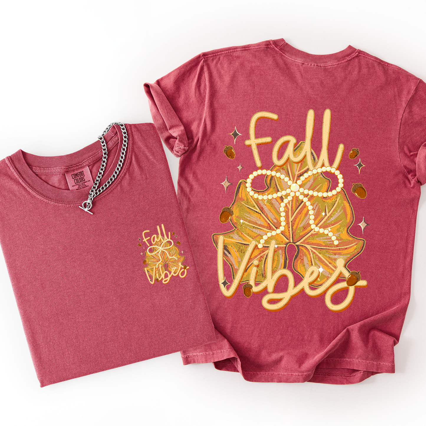Crimson red Fall Vibes, Coquette, Front and Back, Leaves, Autumn, Comfort Colors T-Shirt