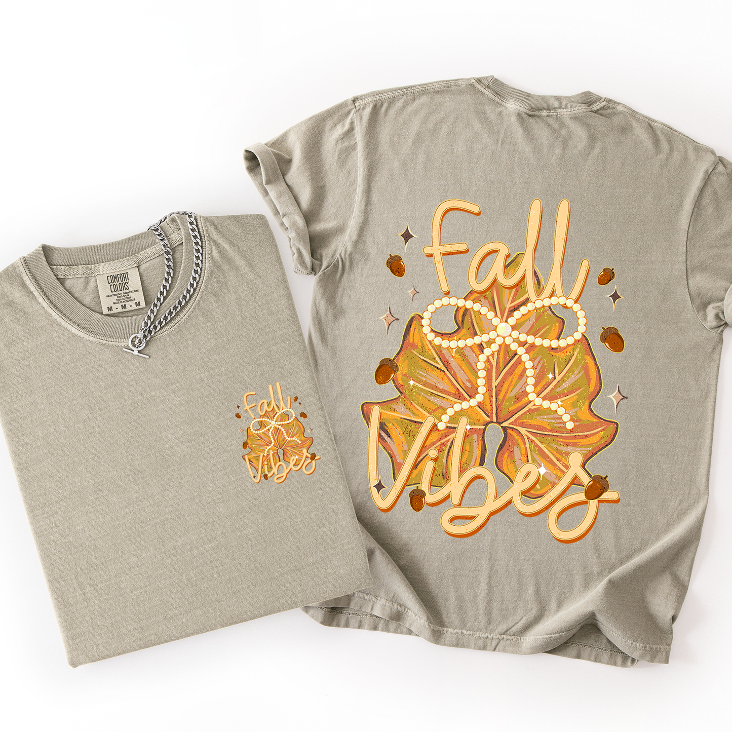 Sandstone and Orange Fall Vibes, Coquette, Front and Back, Leaves, Autumn, Comfort Colors T-Shirt