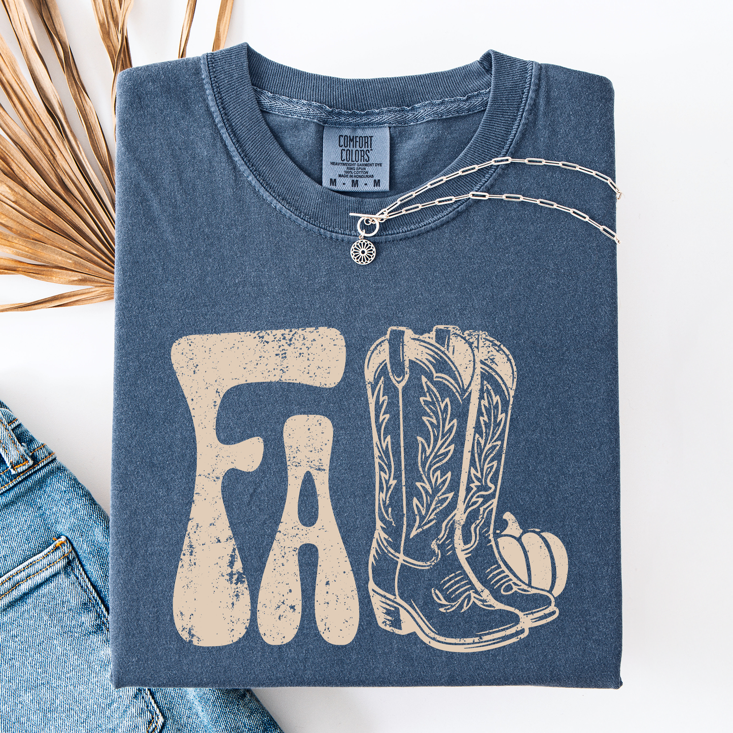 Denim blue Fall Cowboy Boots, Western, Autumn, Comfort Colors T-Shirt