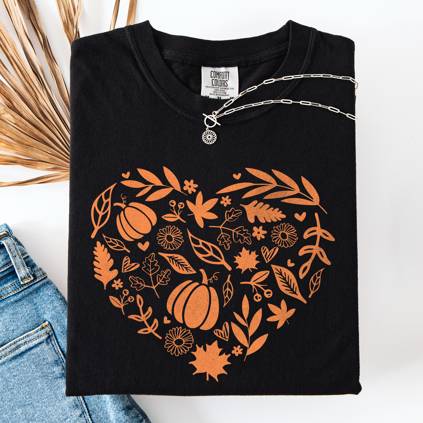 Black and Orange Fall Heart, Pumpkin Leaves, Autumn, Comfort Colors T-Shirt