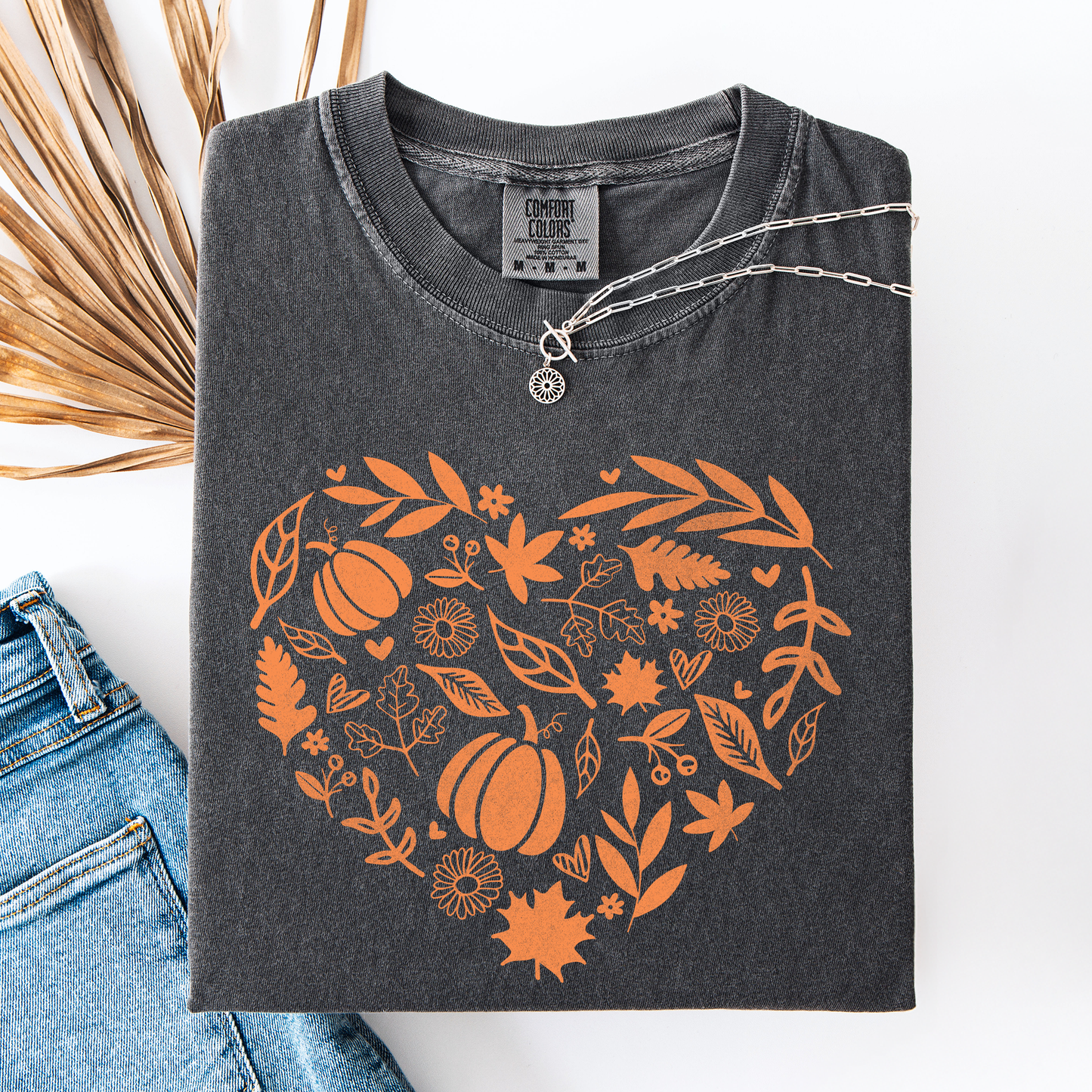 Gray and orange Fall Heart, Pumpkin Leaves, Autumn, Comfort Colors T-Shirt