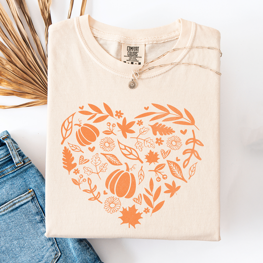 Cream Fall Heart, Pumpkin Leaves, Autumn, Comfort Colors T-Shirt