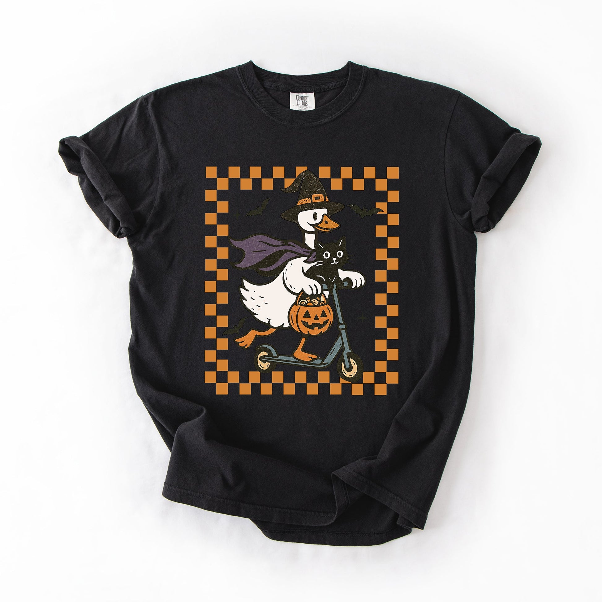 Black Funny Halloween Goose, Black Cat, Witch, Checkered, Comfort Colors T-Shirt