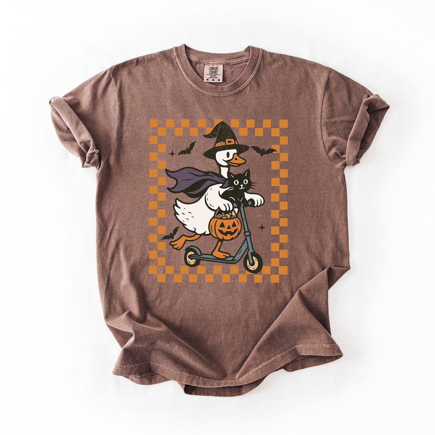 Brown Funny Halloween Goose, Black Cat, Witch, Checkered, Comfort Colors T-Shirt