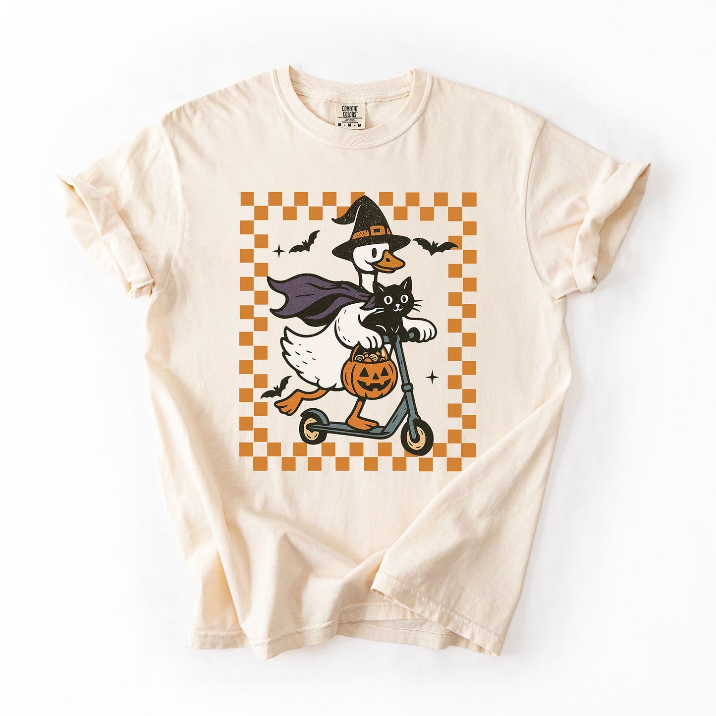 Cream Funny Halloween Goose, Black Cat, Witch, Checkered, Comfort Colors T-Shirt