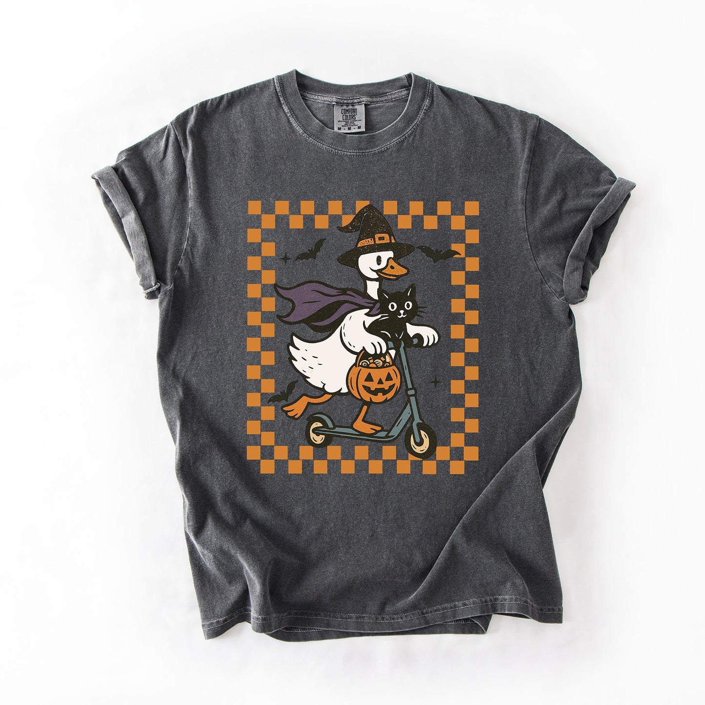 Dark Heather gray Funny Halloween Goose, Black Cat, Witch, Checkered, Comfort Colors T-Shirt
