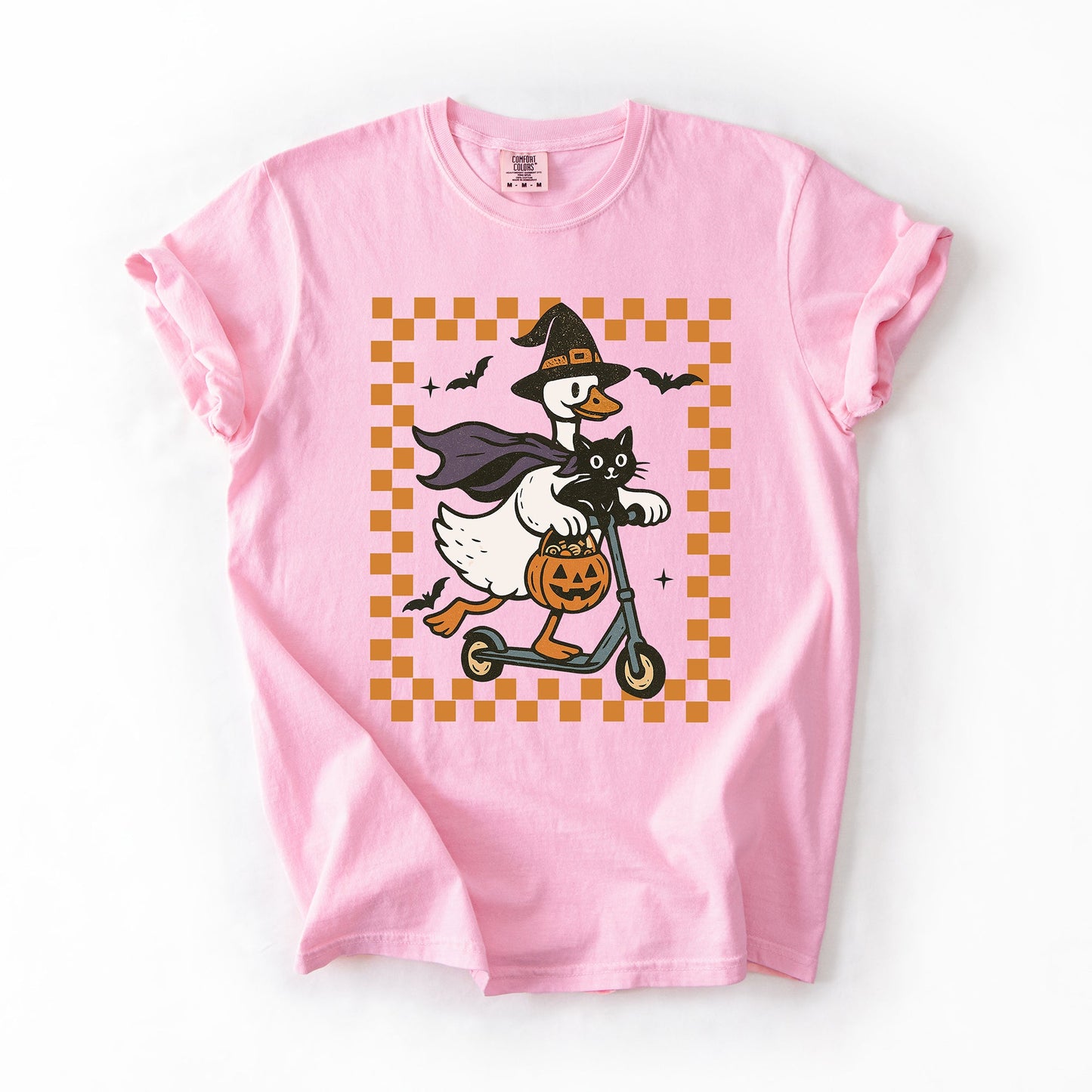 Soft pink Funny Halloween Goose, Black Cat, Witch, Checkered, Comfort Colors T-Shirt