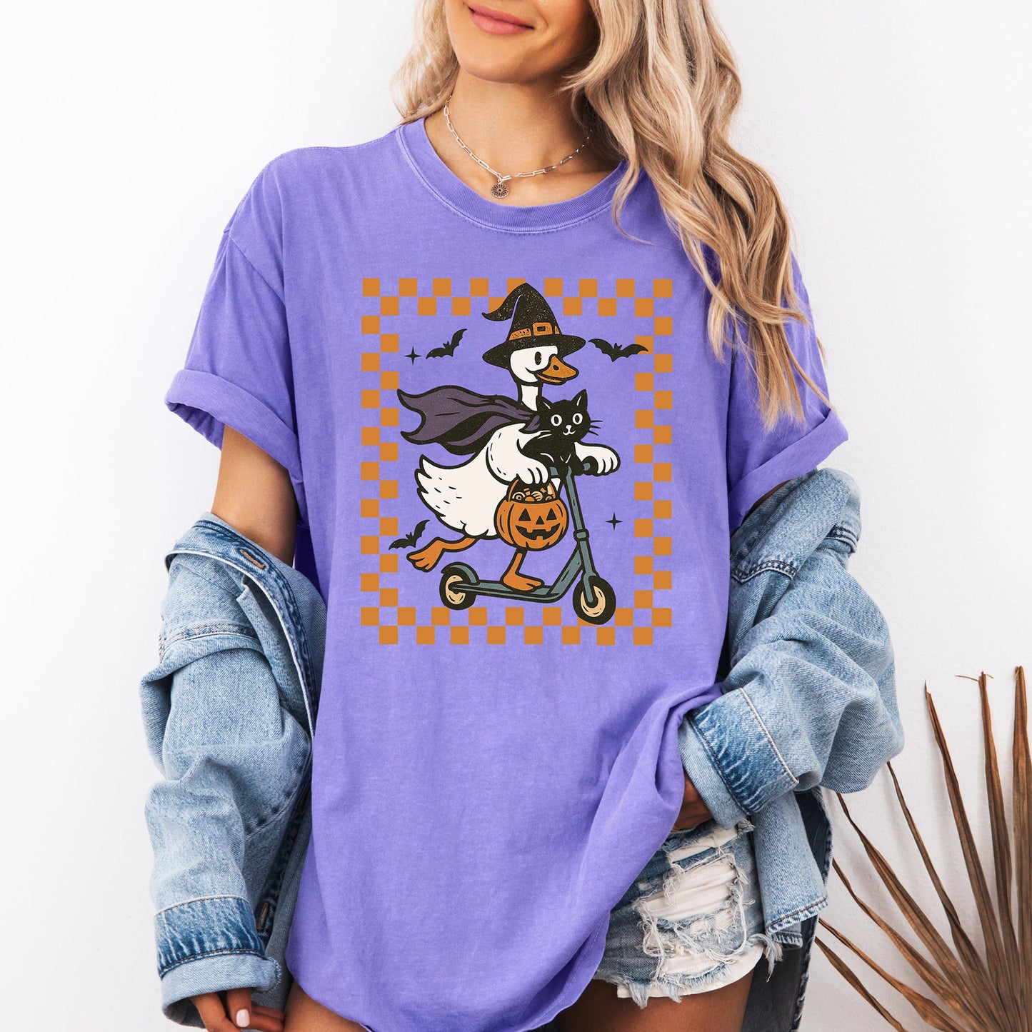 Purple Funny Halloween Goose, Black Cat, Witch, Checkered, Comfort Colors T-Shirt
