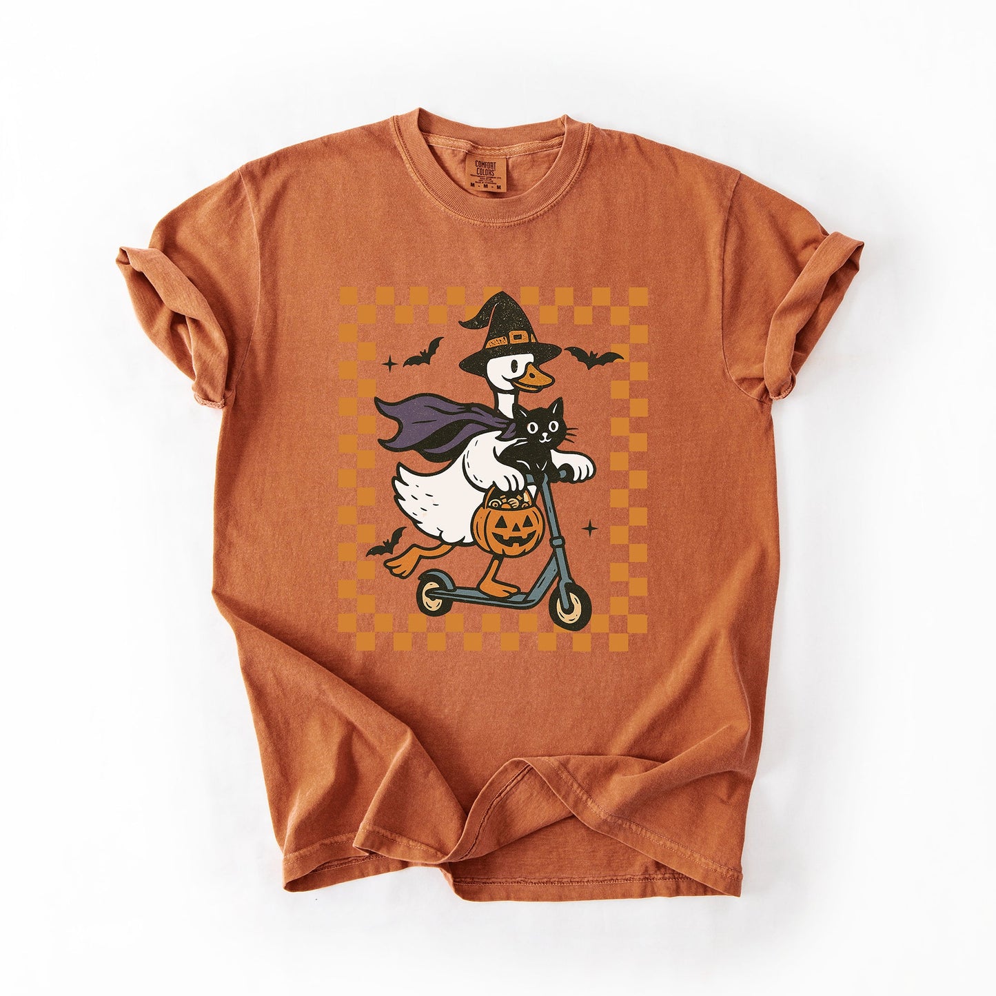 Yam orange Funny Halloween Goose, Black Cat, Witch, Checkered, Comfort Colors T-Shirt