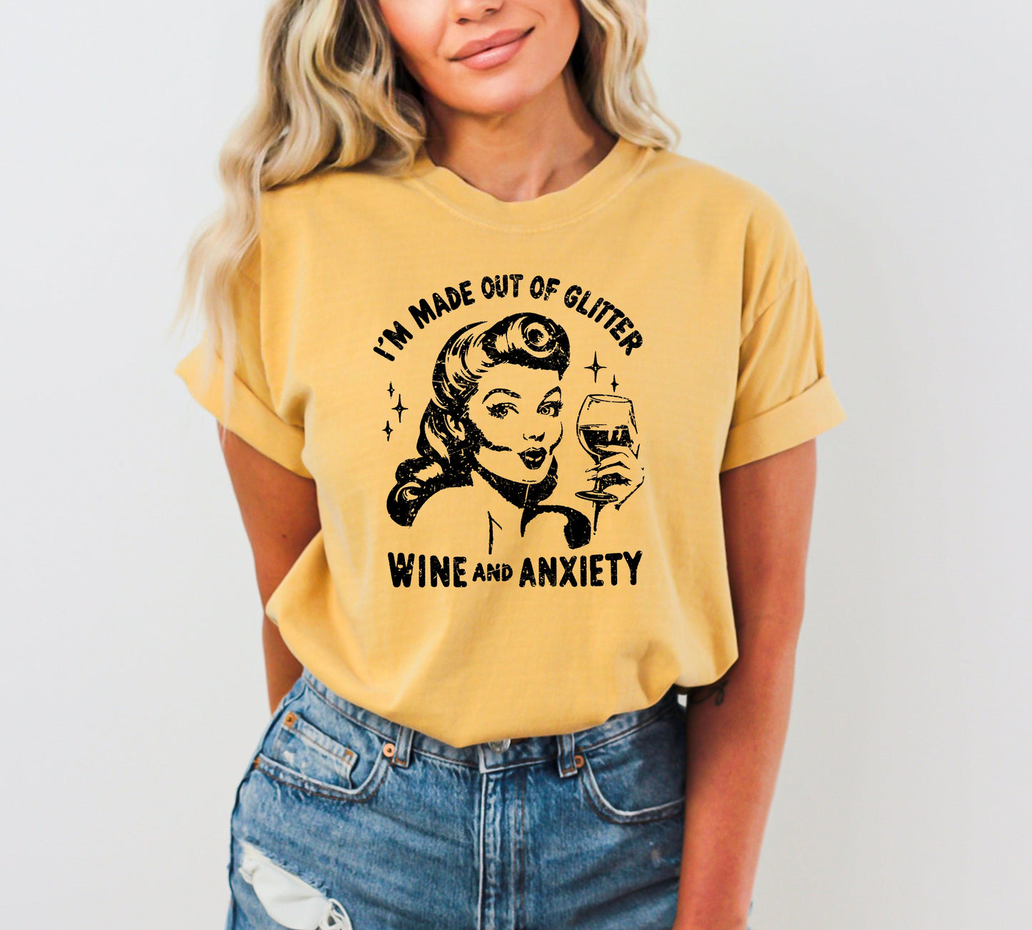 Glitter, Wine, Anxiety, Mental Health, Self Care, Funny, Sassy, Aesthetic, Meme, Tshirt Comfort Colors T-Shirt