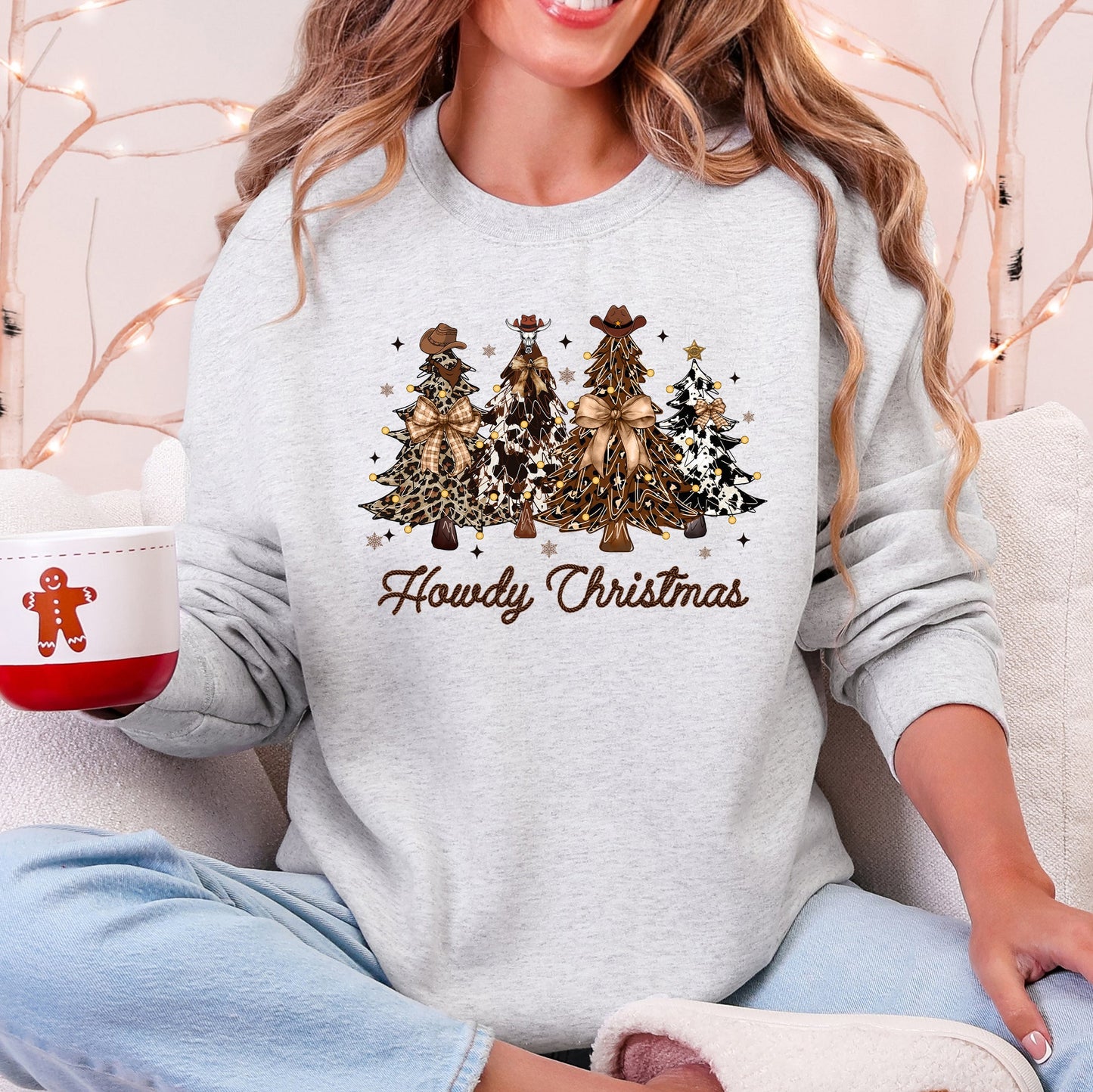 Gray Howdy Christmas, Western, Country, Santa, Christmas Trees Sweatshirt