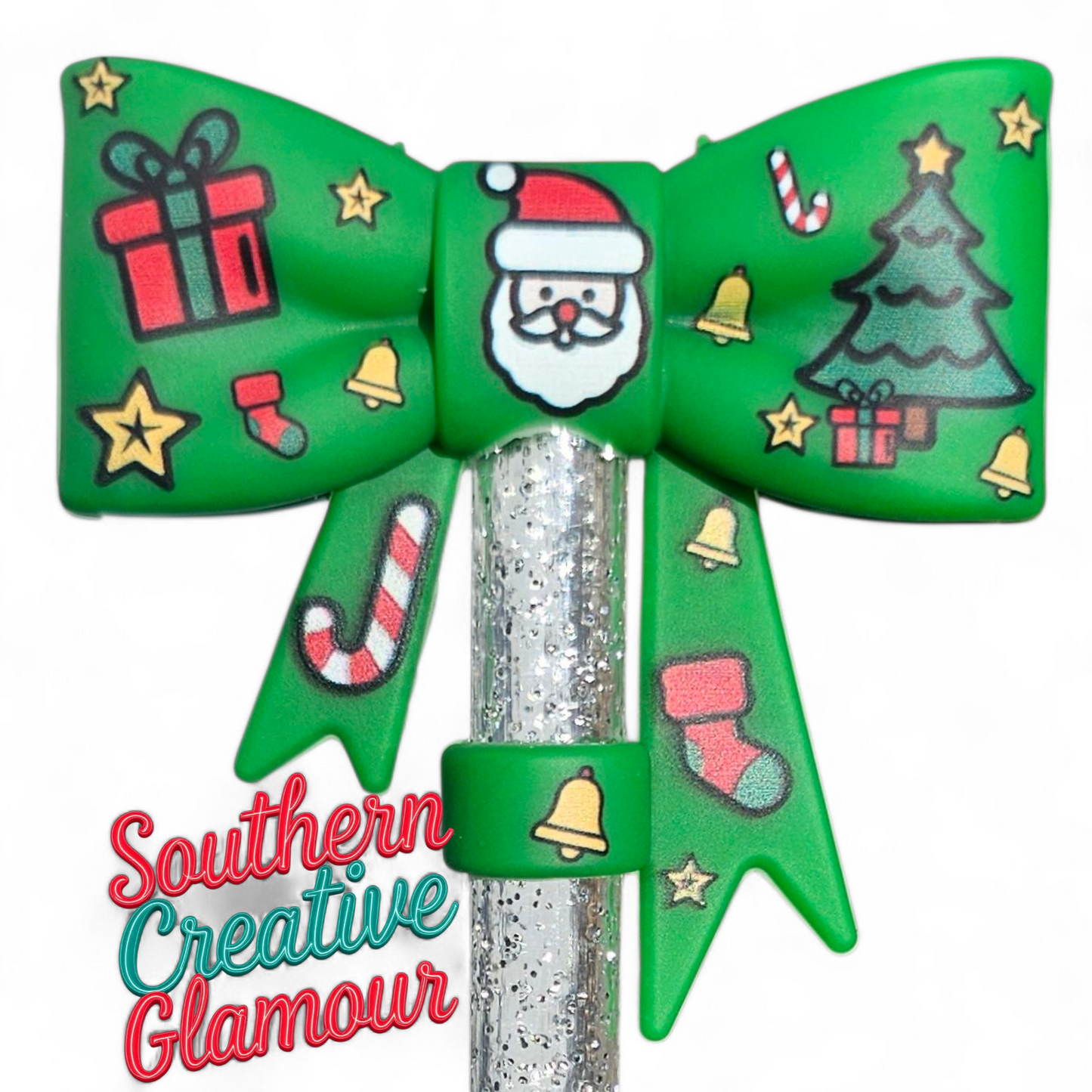 Green Christmas Santa 3D Bow Silicone 10mm Straw Topper by Southern Creative Glamour 