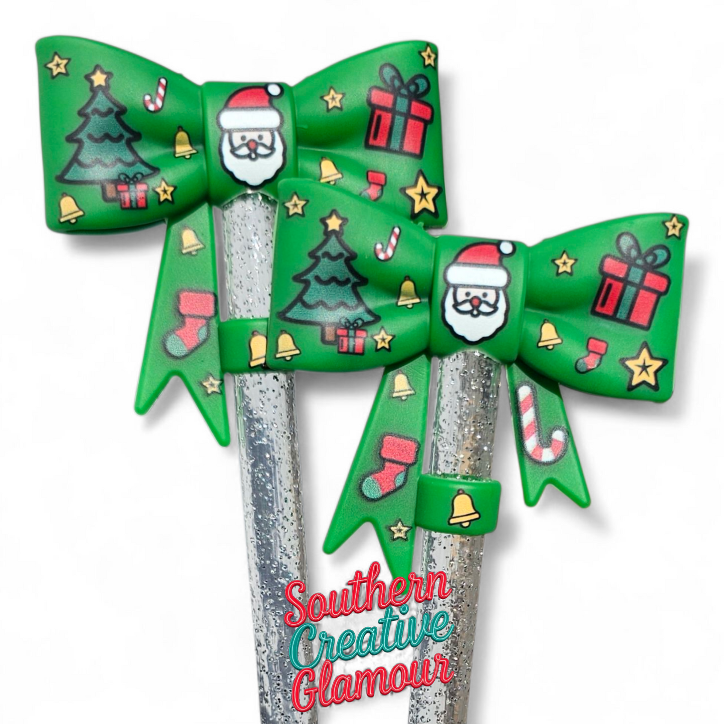 Green Christmas Santa 3D Bow Silicone 10mm Straw Topper by Southern Creative Glamour 