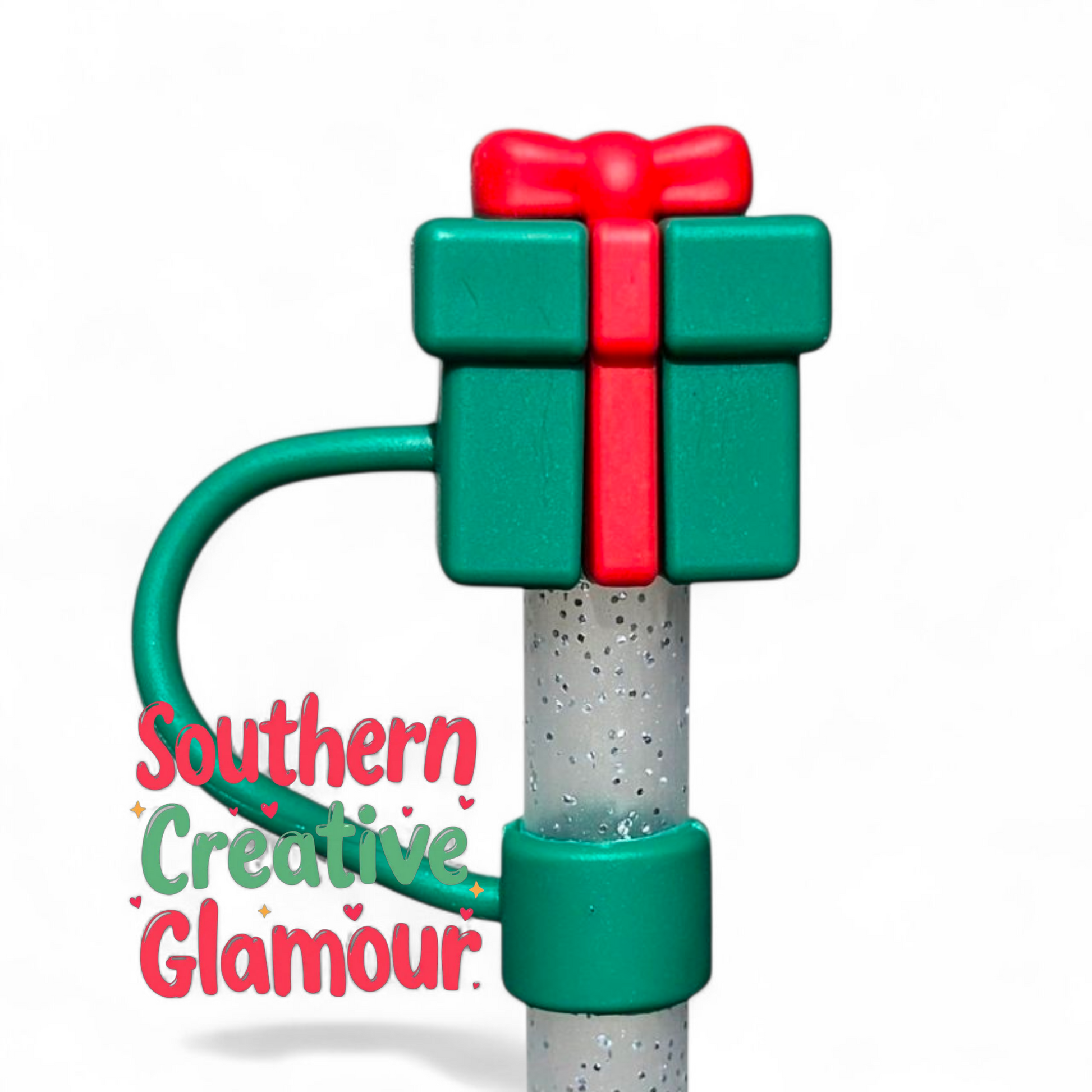 Green & Red 3D Christmas Present 10mm Straw Topper by Southern Creative Glamour 