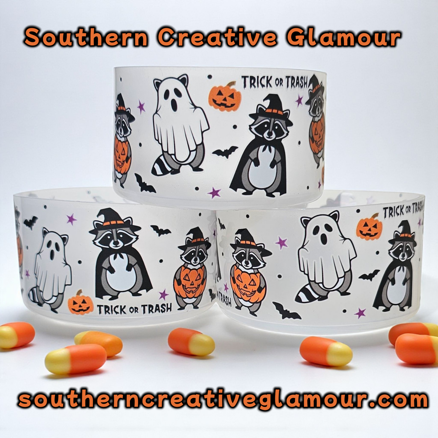 Halloween Trick or Trash Raccoon Silicone Tumbler Boot by Southern Creative Glamour 