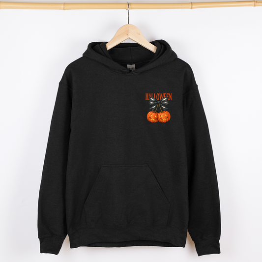 Black Halloween Jack-o-Lanterns, Cherry, Coquette, Cute, Adorable, Pocket, Graphic Hoodie, Hooded Sweatshirt
