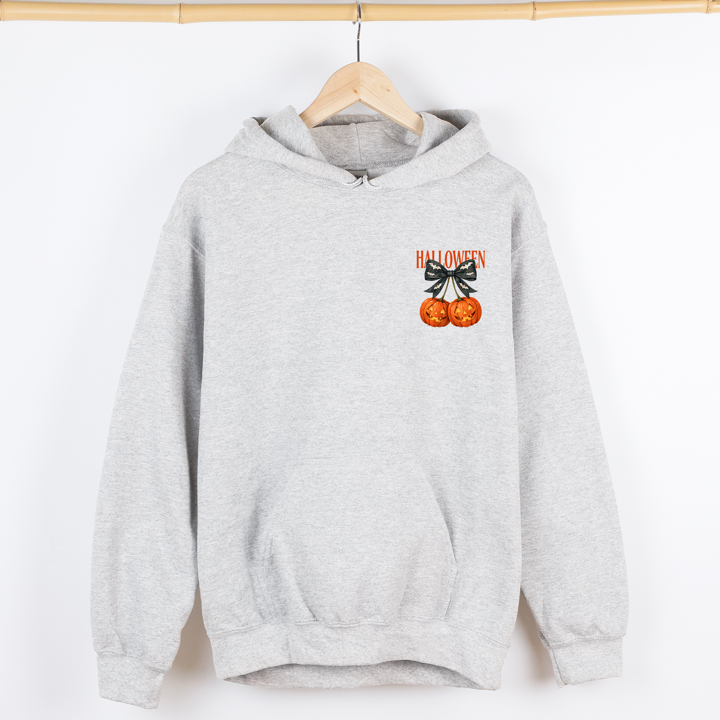 Gray Halloween Jack-o-Lanterns, Cherry, Coquette, Cute, Adorable, Pocket, Graphic Hoodie, Hooded Sweatshirt