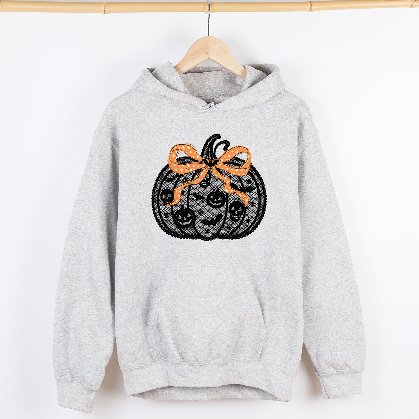 Gray Halloween Pumpkin, Faux Lace, Coquette, Ribbon, Bows, Graphic Hoodie, Hooded Sweatshirt