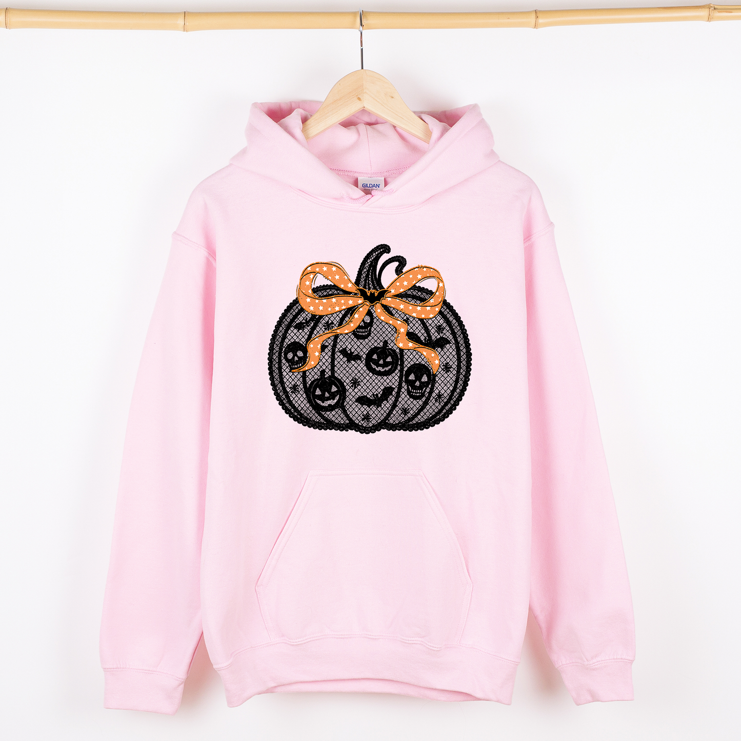 Pink Halloween Pumpkin, Faux Lace, Coquette, Ribbon, Bows, Graphic Hoodie, Hooded Sweatshirt