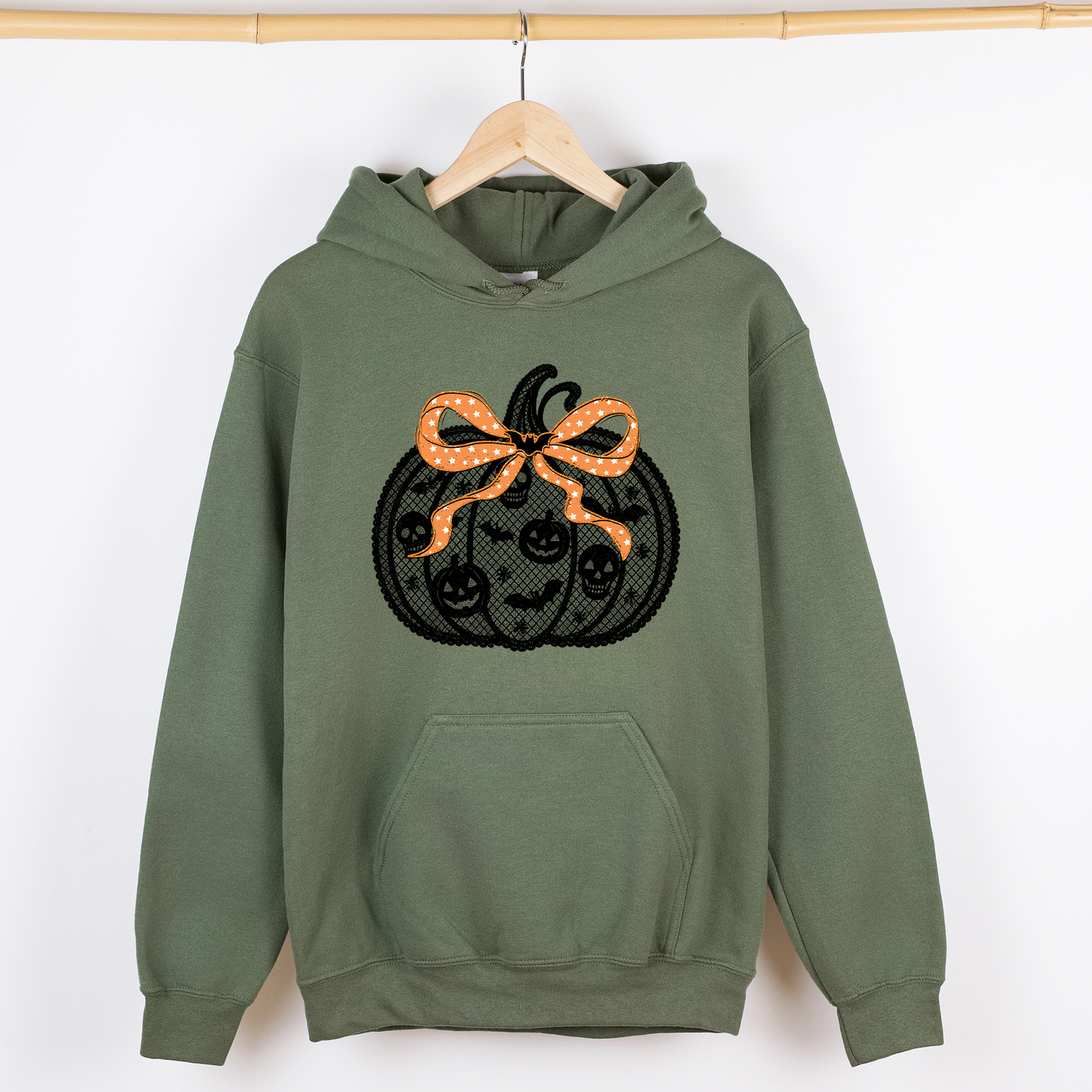 Green Halloween Pumpkin, Faux Lace, Coquette, Ribbon, Bows, Graphic Hoodie, Hooded Sweatshirt