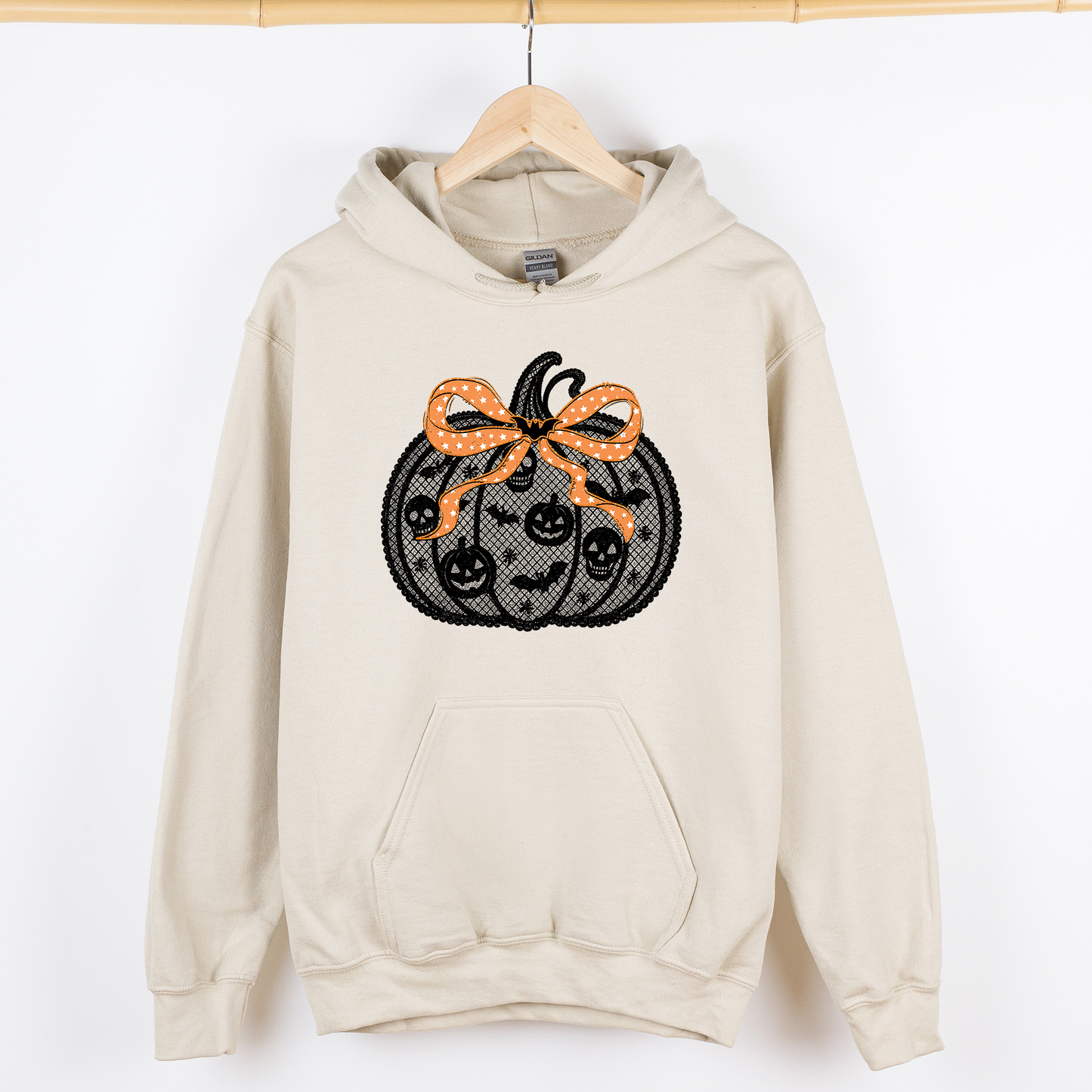 Cream Halloween Pumpkin, Faux Lace, Coquette, Ribbon, Bows, Graphic Hoodie, Hooded Sweatshirt