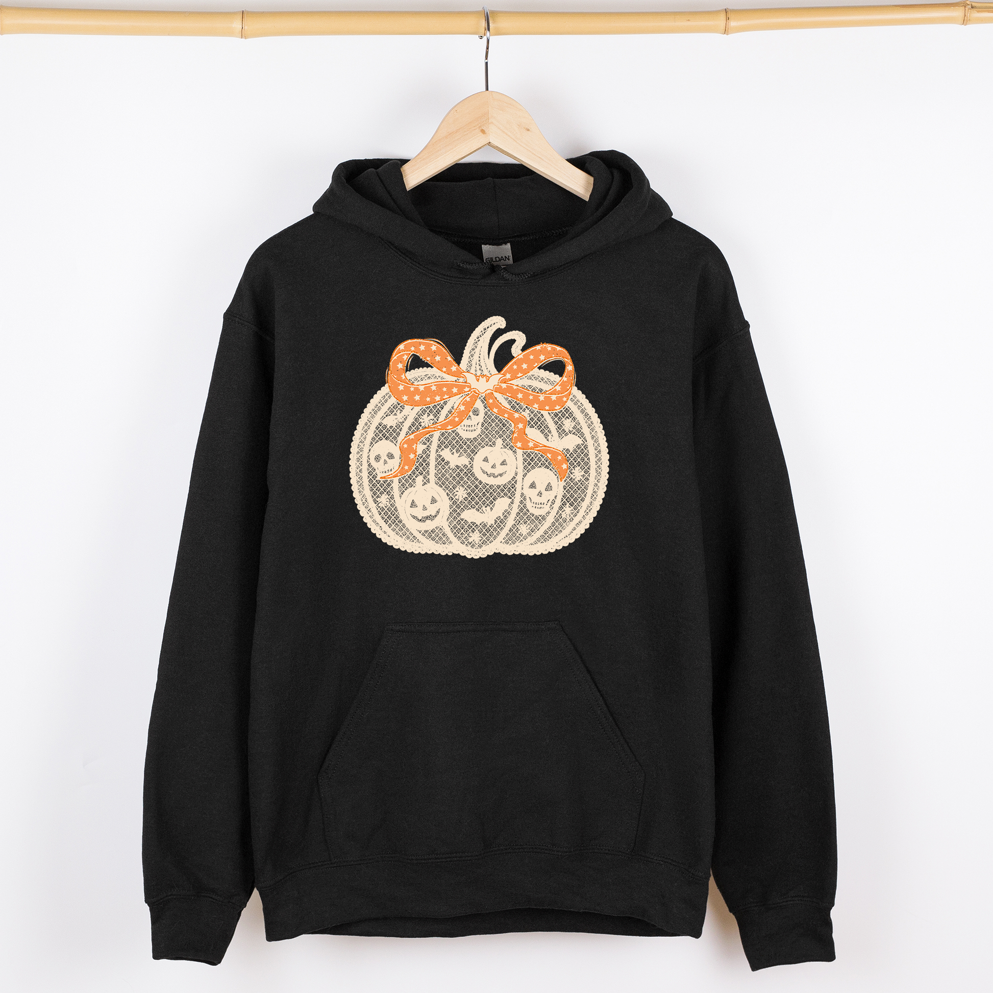 Black Halloween Pumpkin, Faux Lace, Coquette, Ribbon, Bows, Graphic Hoodie, Hooded Sweatshirt
