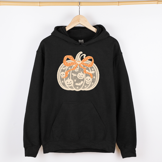 Black Halloween Pumpkin, Faux Lace, Coquette, Ribbon, Bows, Graphic Hoodie, Hooded Sweatshirt