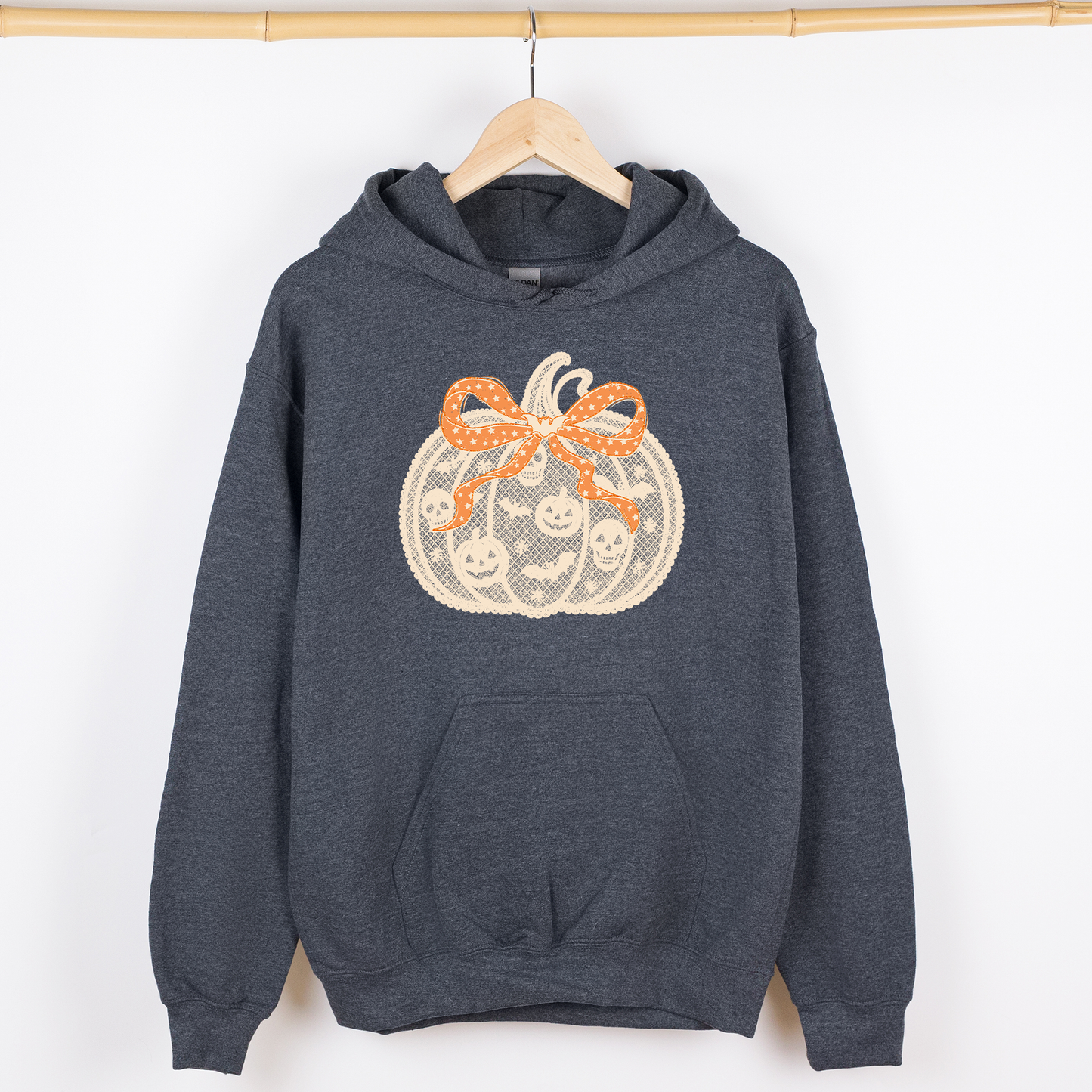 Charcoal Gray Halloween Pumpkin, Faux Lace, Coquette, Ribbon, Bows, Graphic Hoodie, Hooded Sweatshirt